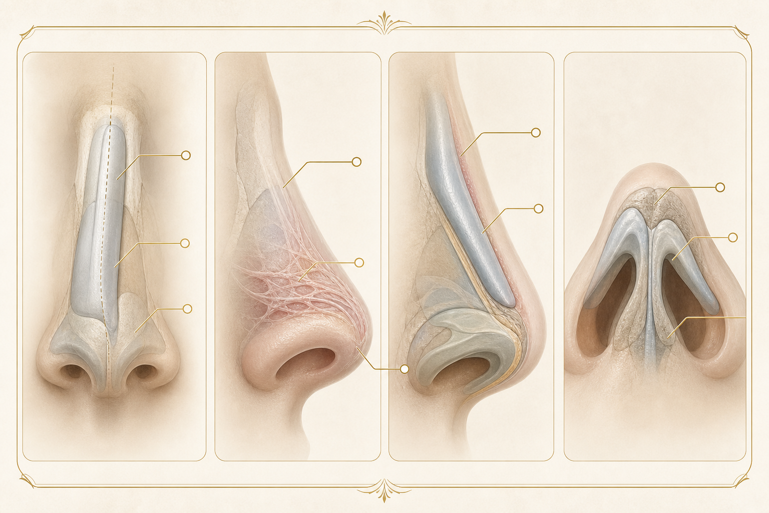 코 재수술 원인을 보형물 중심축, 흉터 수축, 피부 피복과 코끝 지지 구조로 나누어 보여주는 개념 일러스트