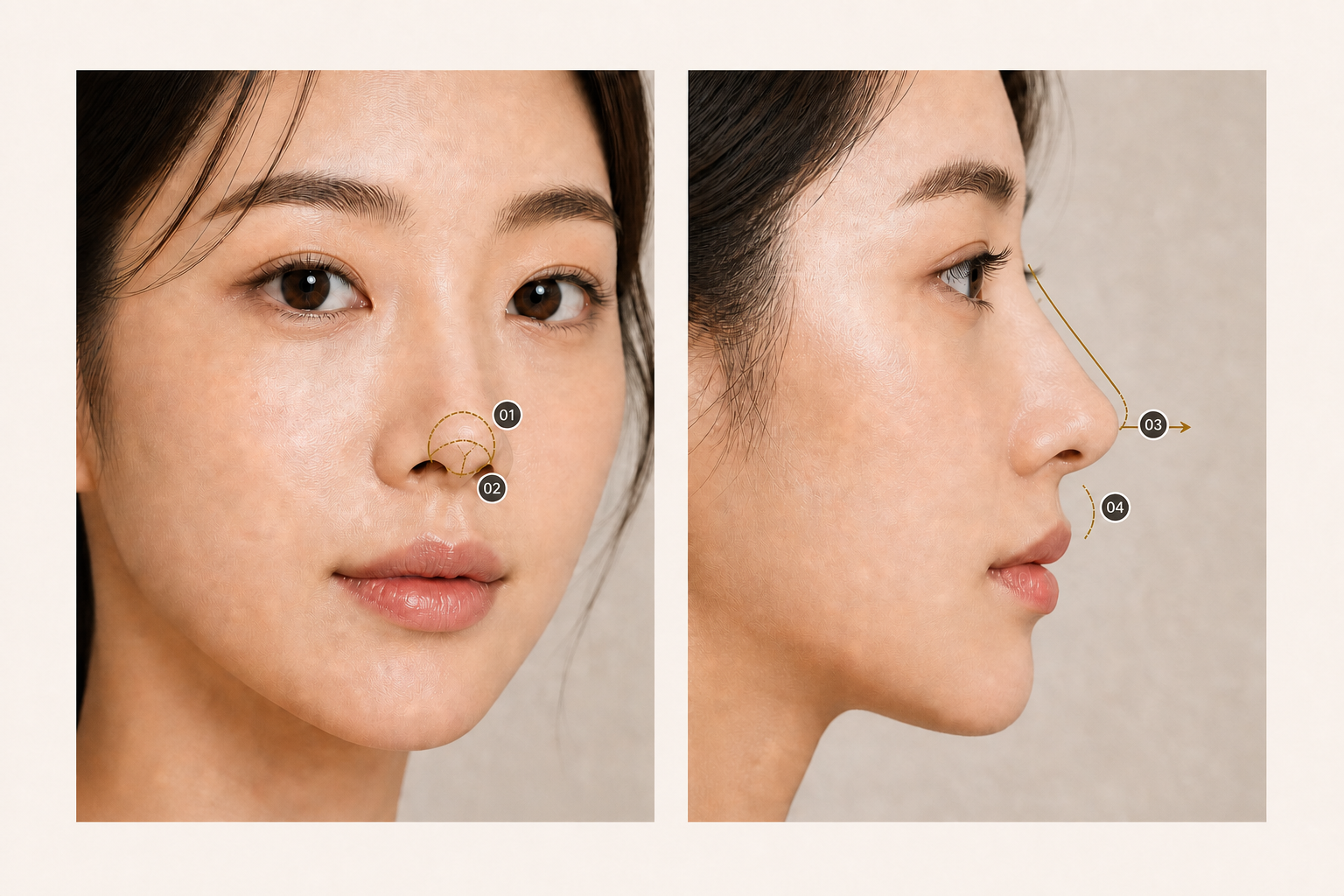 정면 코끝 윤곽과 측면 코끝 지지 방향, 비순각을 보여주는 코끝성형 연출 개념 이미지