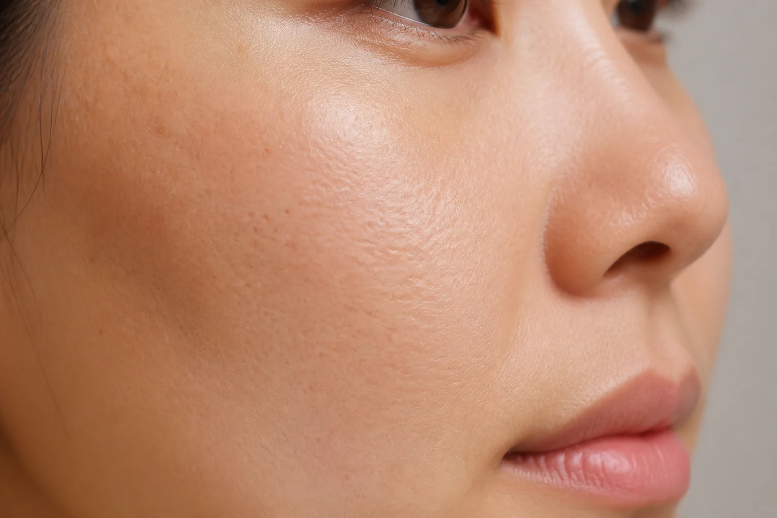 볼과 코 주변의 자연스러운 모공과 피부결을 보여주는 모공 탄력 진료 이미지