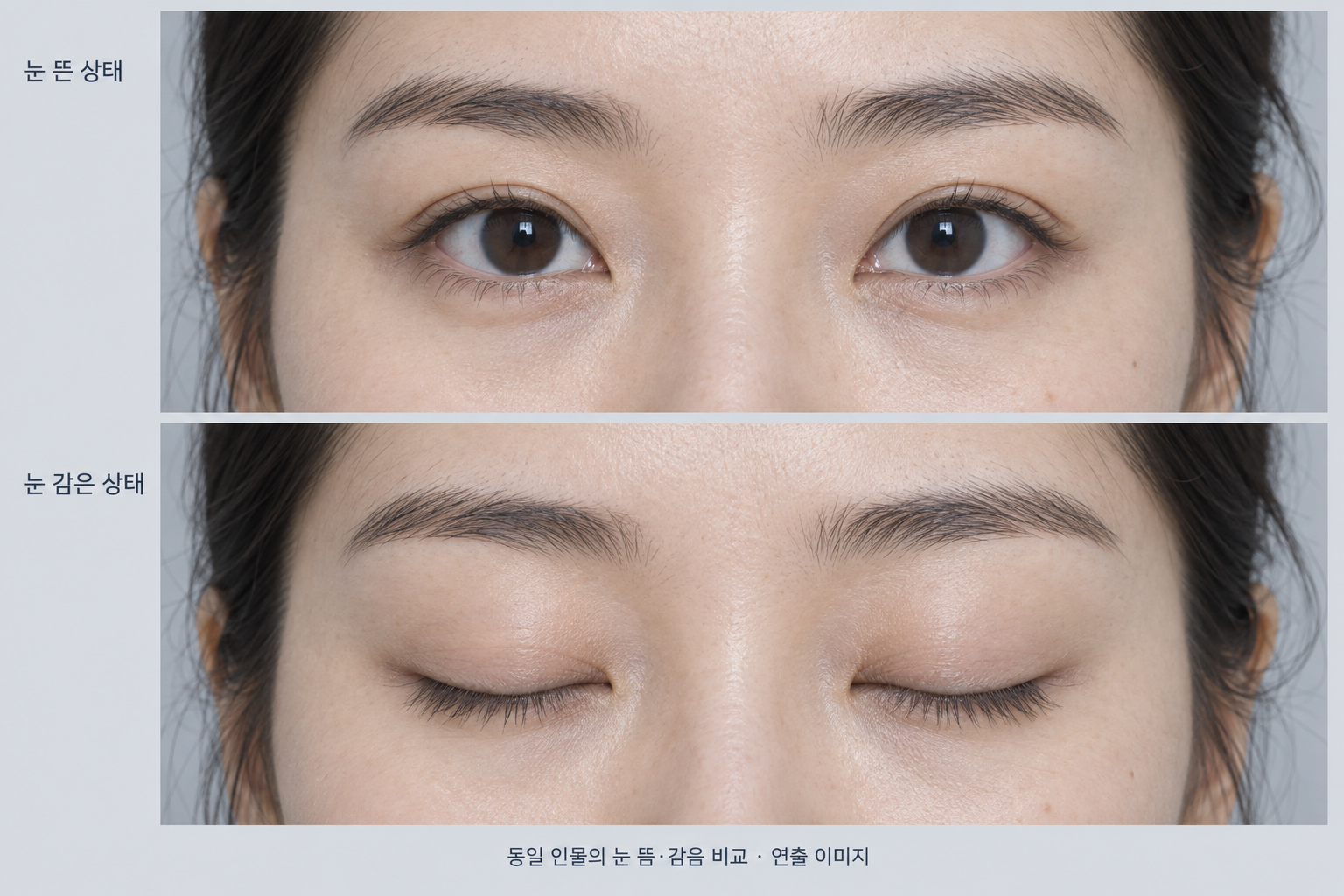 같은 인물의 눈을 편안히 뜬 상태와 감은 상태를 비교하는 연출 이미지